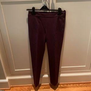 Burgundy wool straight leg pants.